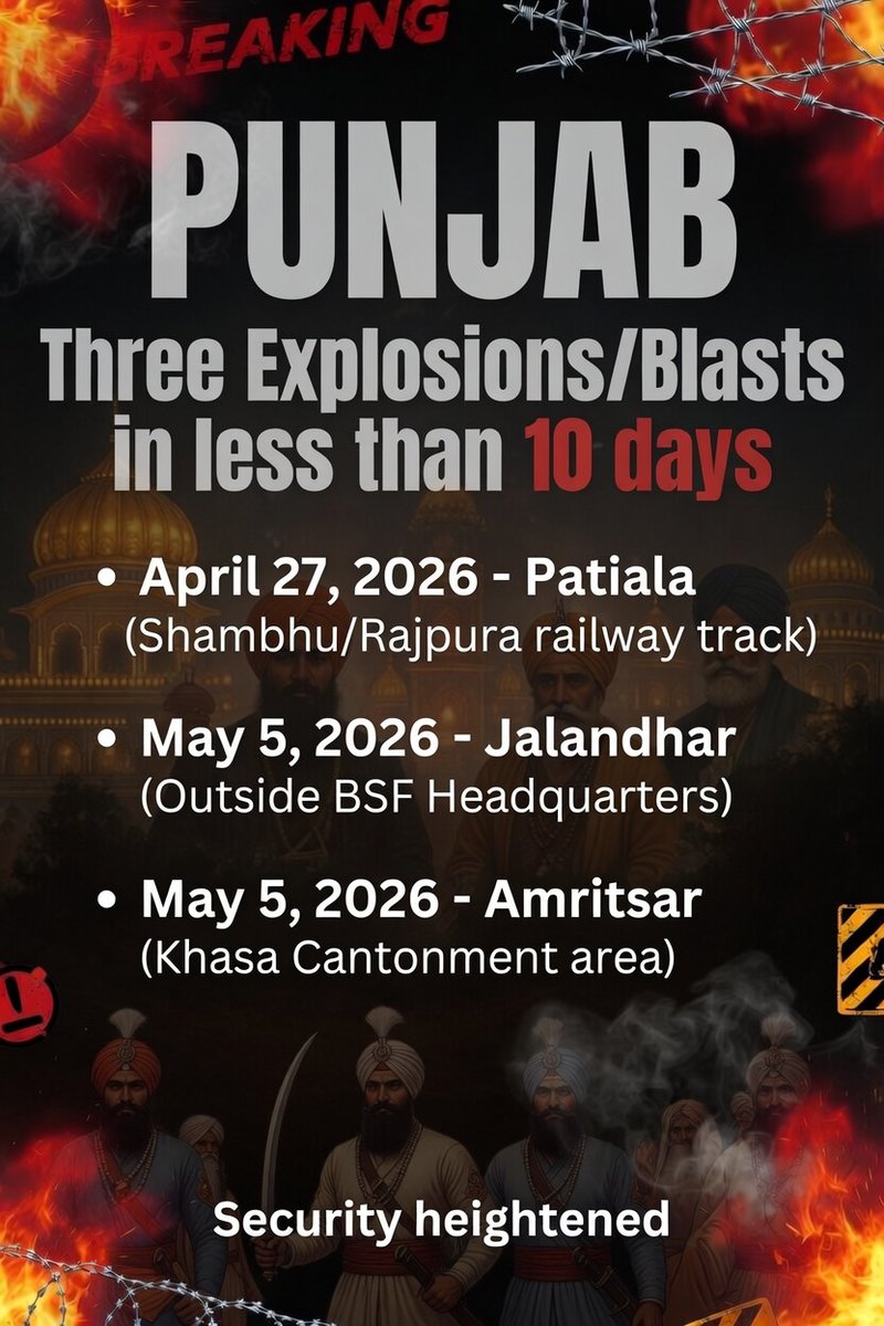 SufiChooran's tweet photo. @Hamp_Allen Know what these Sikhs-Khalistanis-Terrorists have done in Punjab, India
3 EXPLOSIONs / Bomb Blasts in 10 Days in Punjab
Patiala - April 27, 2026
Jalandhar - May 5, 2026
Amritsar - May 5, 2026
#GuruSikhs #Gurudwaras #Pakhand https://t.co/J9mFNdKMUT