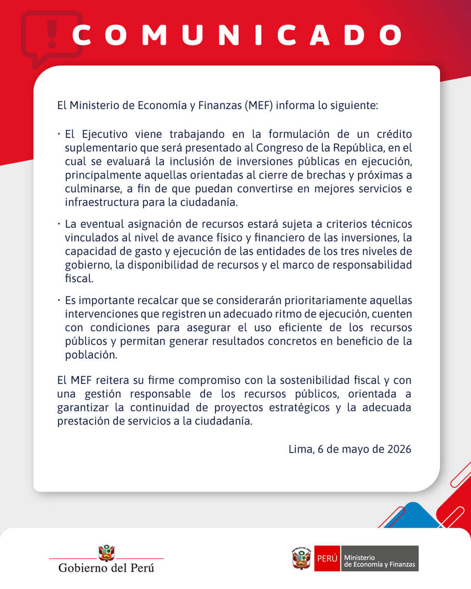 #ComunicadoMEF | El Ministerio de Economía y Finanzas informa lo siguiente:

#CréditoSuplementario