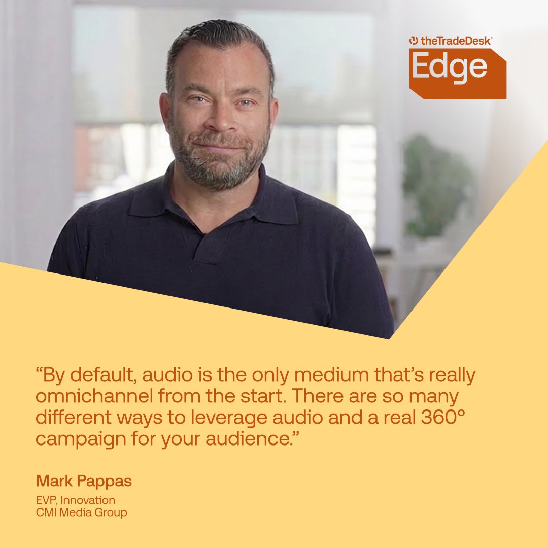 TheTradeDesk's tweet photo. In The Trade Desk Edge Academy's new course, Unlocking the Premium Internet: Audio, @CMIMediaGroup's @MarkPappas shares the creative possibilities of audio advertising, breaks down most common client concerns, and reveals what the data actually tells us: https://t.co/DQs11yyqKt
