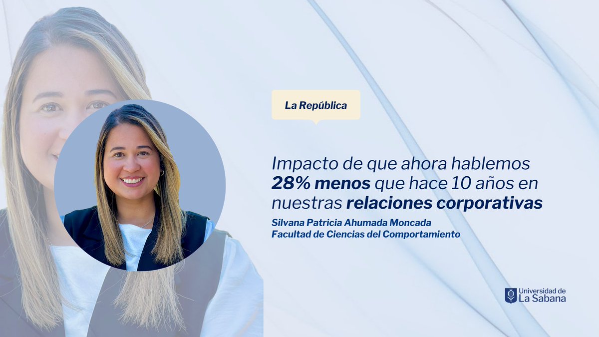 unisabana's tweet photo. #UniSabanaEnLosMedios | Un estudio de las universidades de Missouri-Kansas City y Arizona reveló que las personas disminuyeron su producción verbal en un 28%, situación que se aceleró con la llegada de la pandemia. 

Entre las razones se encuentran la digitalización de los entornos laborales y el reemplazo de las conversaciones cara a cara por textos.

Silvana Ahumada Moncada, profesora de @FCienciasComp, resalta para @larepublica_co que esta disminución conversaciones tiene impactos no solamente en los entornos laborales sino personales: "Reducir este 'amortiguador relacional' se traduce en mayores niveles de irritabilidad, menor cooperación y un mayor esfuerzo para generar conexión entre las personas".

Consulte el artículo completo aquí: https://t.co/SYoMXFGNMQ