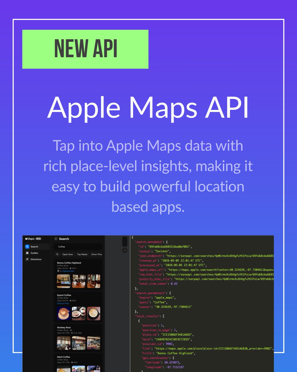 SerpApi's tweet photo. 🚀 New API Launch!

Introducing the Apple Maps API: Get clean JSON and comprehensive place level insights, making it easy to build location based applications, local discovery tools, and data driven services powered by Apple Maps results.

Full documentation:
https://t.co/eEhO1xYjEa

New here? You can sign up for a free account here: https://t.co/dxjRf4dhP2