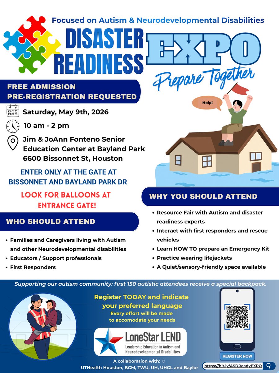 G7PedsDisaster's tweet photo. 🚨 ATTENTION FAMILIES!🚨  

A Disaster Readiness Expo this Saturday with a focus on families living with Autism &amp; Neurodevelopmental Disabilities. Admission is FREE!

📆 Saturday, May 9th
⏰️ 10am-2pm
📍 6600 Bissonnet St, Houston, TX

Register here: https://t.co/wi8egmBV1Q https://t.co/v0V55fx6Ye