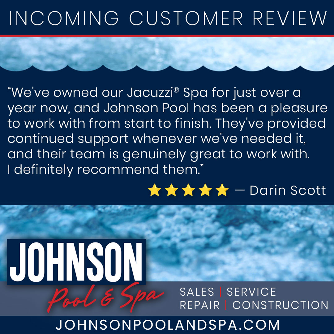 🌟 Customer Testimonial Spotlight 🌟

🌊 Thanks for taking the time to share your experience, Darin - we look forward to continuing to provide exceptional service for many years to come!

♨️ Ready for a new Jacuzzi®? (707) 837-0604 or johnsonpoolandspa.com/contact-us-sal….