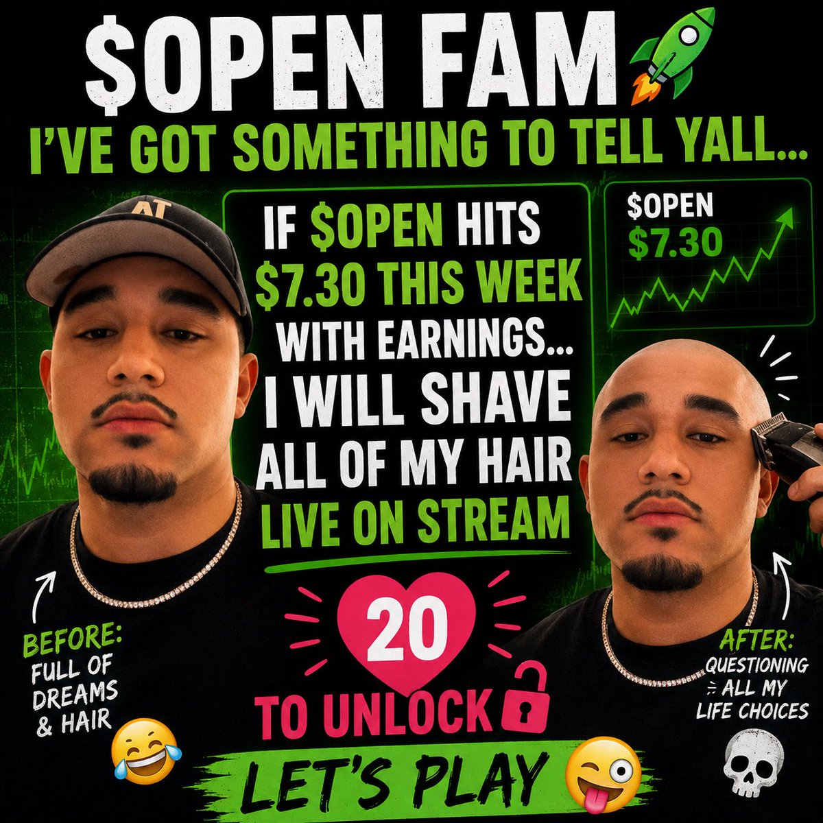 KixtenTrades's tweet photo. $OPEN FAM IVE GOT SOMETHING TO TELL YALL 🤪

Since I’m absolutely insane… if $OPEN hits my earnings target of $7.30 THIS WEEK, I will shave all my hair off LIVE on stream 💀✂️

20 ❤️’s and it’s officially locked in.

Let’s have some fun 😭🔥

#OpenArmy #Opendoor #RisingDynasty https://t.co/8PVEmpPB38