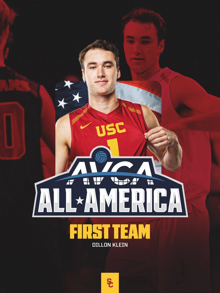 USCmensvolley's tweet photo. 🇺🇸 ALL-AMERICAN Dillon Klein 🏅

It is his 2nd time on the 1st team and makes him the 10th player in school history with multiple 1st-team nods! 

4️⃣ Trojans earned honorable mention including Johnny Dykstra, Sterling Foley, Wesley Smith, and Parker Tomkinson! 

#FightOn ✌️🏐 https://t.co/QKahUJzvqY