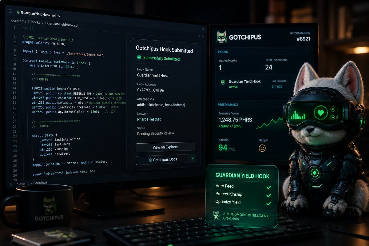 Drayweb3's tweet photo. Deployed via ERC-6551 accounts, modular through Diamond facets, and triggered by real on-chain conditions.

I just submitted a Guardian Yield Hook:
auto-feeds, protects kinship, and reallocates treasury for yield.
Autonomous dNFTs are here.

#Gotchipus #Web3 #DeFi #AINFT https://t.co/A0MEPKF5y7