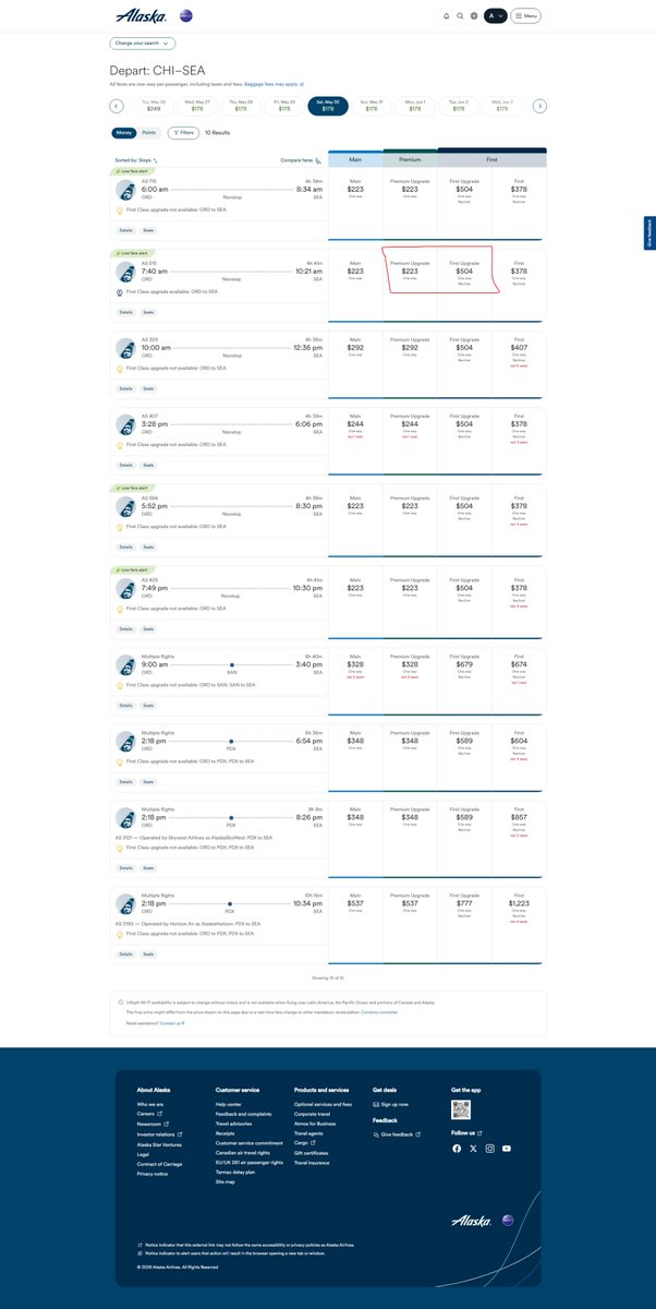 trepanich's tweet photo. @AlaskaAir  Help me understand, for being a great customer, I can get a "first class upgrade" for $504 or just pay for first class @ $378.  How is that a benefit for loyal customers? https://t.co/iRSCaAtNNk