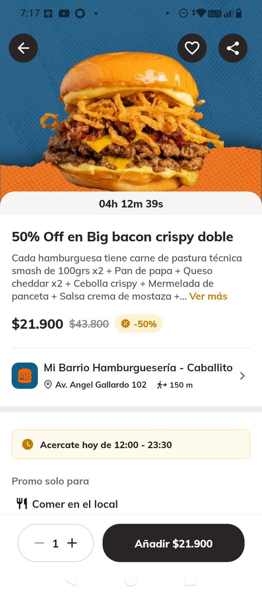 Me jijeo con los descuentos de morfy jajajaja una hamburguesa a 22mil pesos ya con descuento por qué costaba 44mil pesos jajajaja AHI VA CHE