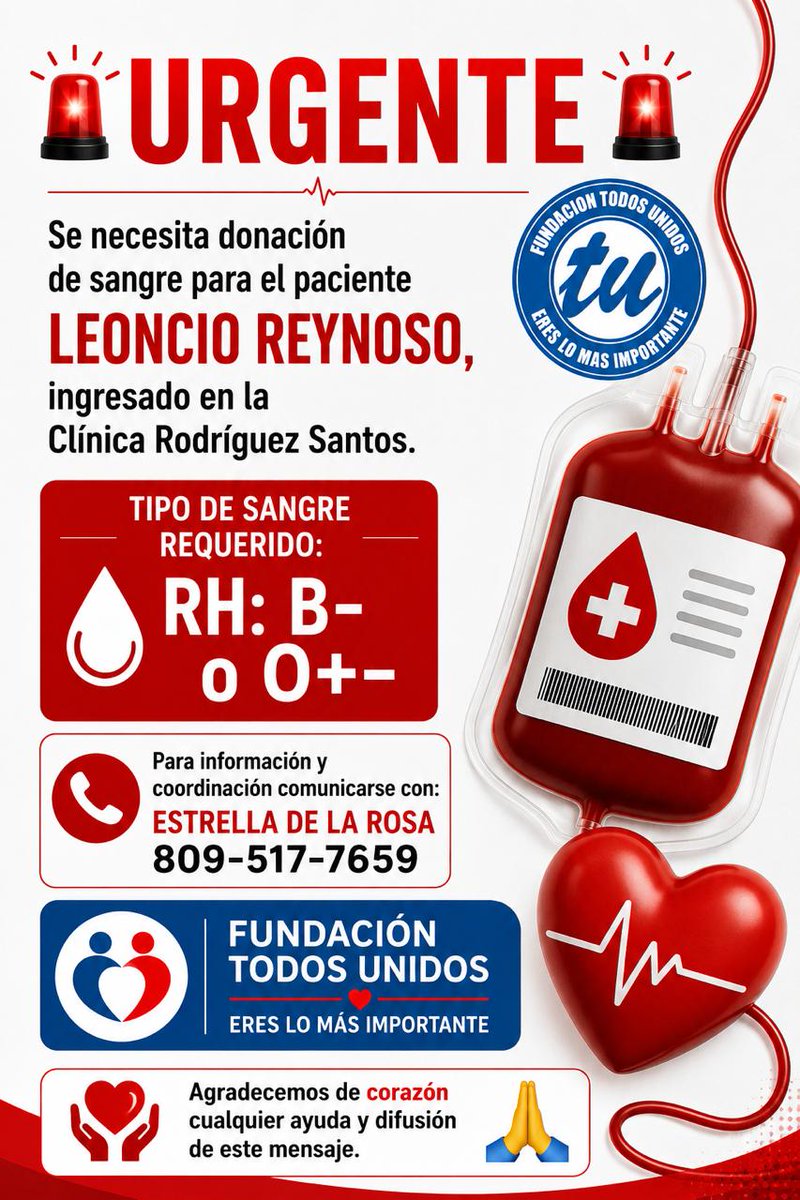 #Urgente Se necesita sangre B- para Leoncio Reynoso