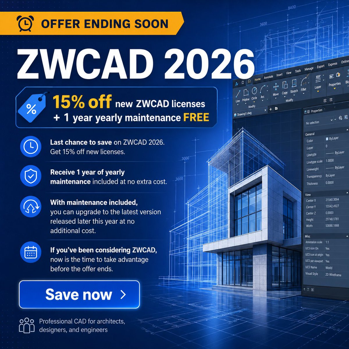 SeeIt3D's tweet photo. Save on your CAD  costs with ZWCAD 2026.

Deal ends soon! hurry

✅ 15% off new licenses
✅ 1 year yearly maintenance FREE
✅ Upgrade access during maintenance

Ideal for architects, designers &amp; engineers

 OFFICIAL Sales deal -https://t.co/FCHUjrZ5Zq

#ZWCAD2026 #CADSoftware https://t.co/qFjuxhE8i3