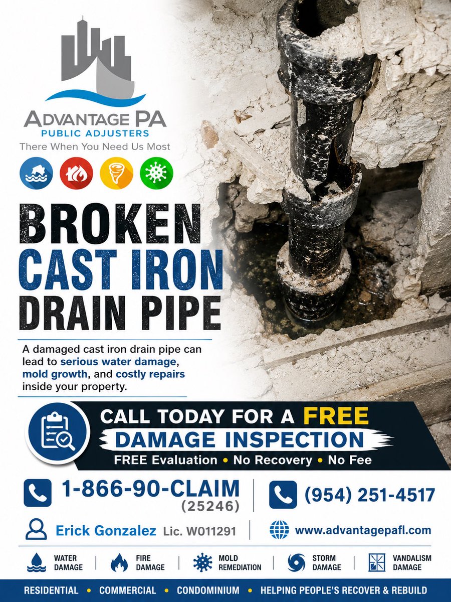 advantagepafl's tweet photo. Broken cast iron drain pipe? 🚧
Leaks and hidden damage can lead to costly repairs and mold growth.

Call today for a FREE Damage Inspection
📞 1-866-90-CLAIM (25246)
📞 (954) 251-4517

Erick Gonzalez Lic. W011291
💻 https://t.co/Ycgb9vxMAD

#WaterDamage #CastIronPipe https://t.co/VGSt86RYtx