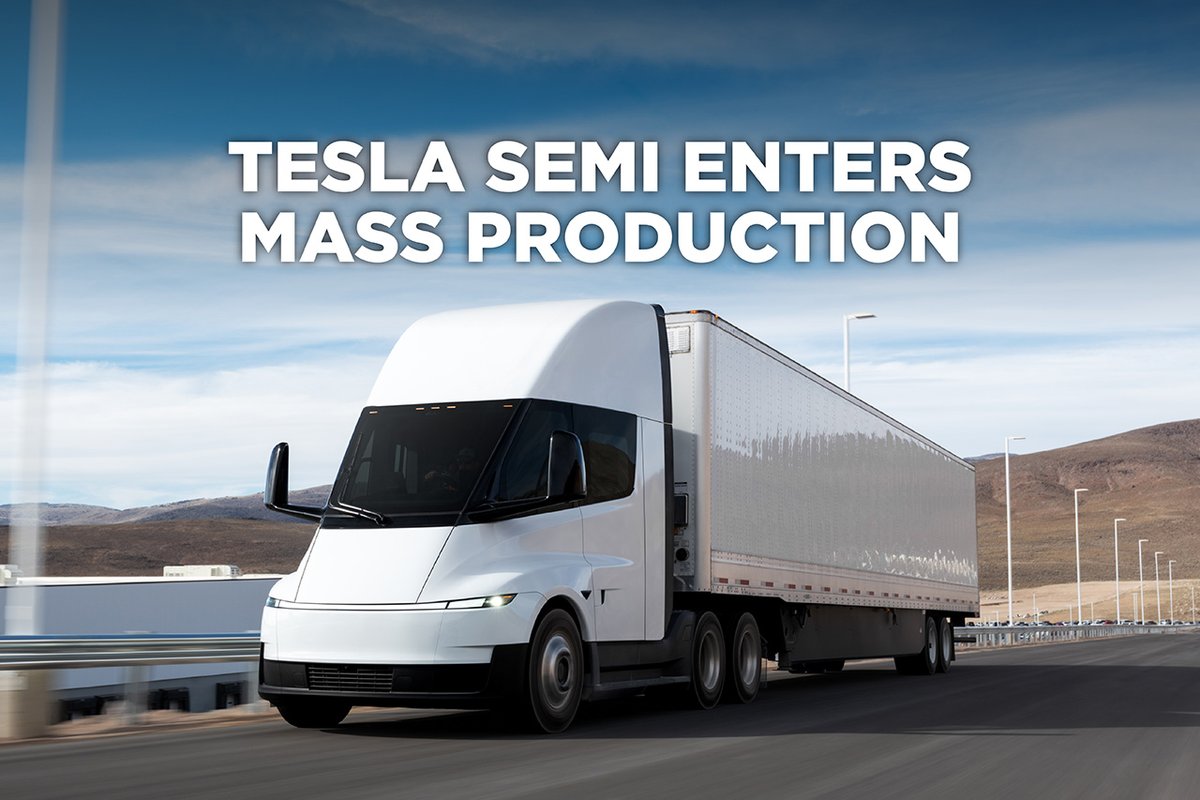 TSportline's tweet photo. The first Tesla Semi rolled off a new high-volume production line in Nevada, marking the shift from a limited pilot phase to industrial-scale manufacturing.

#tesla #tsportline #semi

Read Full article HERE: https://t.co/O6TGspR3ro https://t.co/BUUUCg2rMO