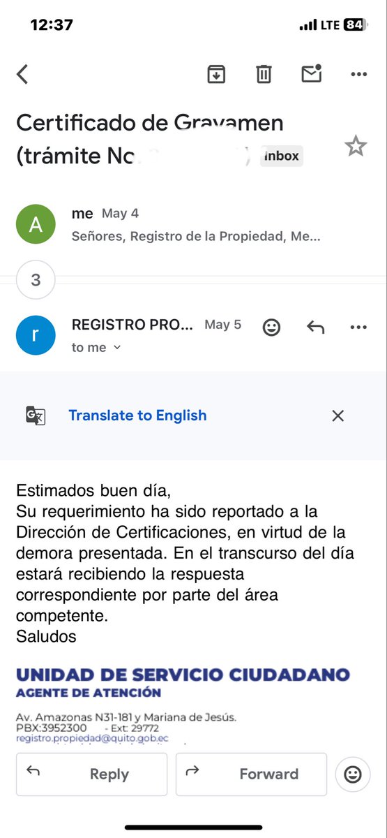 chavelai's tweet photo. @RegistroQuito tienen 5 días hábiles para emitir Certificados de Gravamen, pague el 23 de abril y hasta la fecha nada! @pabelml @MunicipioQuito #quitosinalcalde https://t.co/mD4N0SwIwj