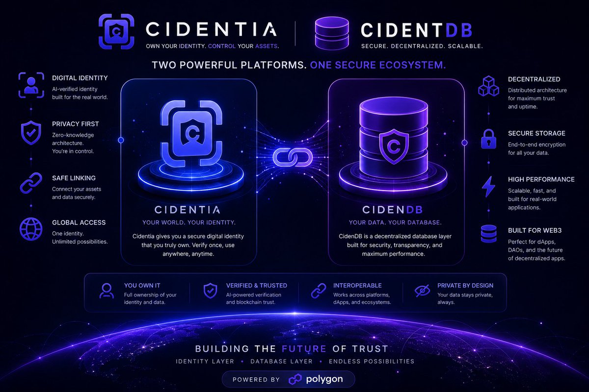 CidenDB's tweet photo. Cidentia + CidenDB 🔵
Identity meets intelligent infrastructure.
Secure identities.
AI-powered systems.
Blockchain-backed trust.
Built for the future. 🌍
#Cidentia #CidenDB #AI #Blockchain #Web3 https://t.co/hY7VpJNXU8