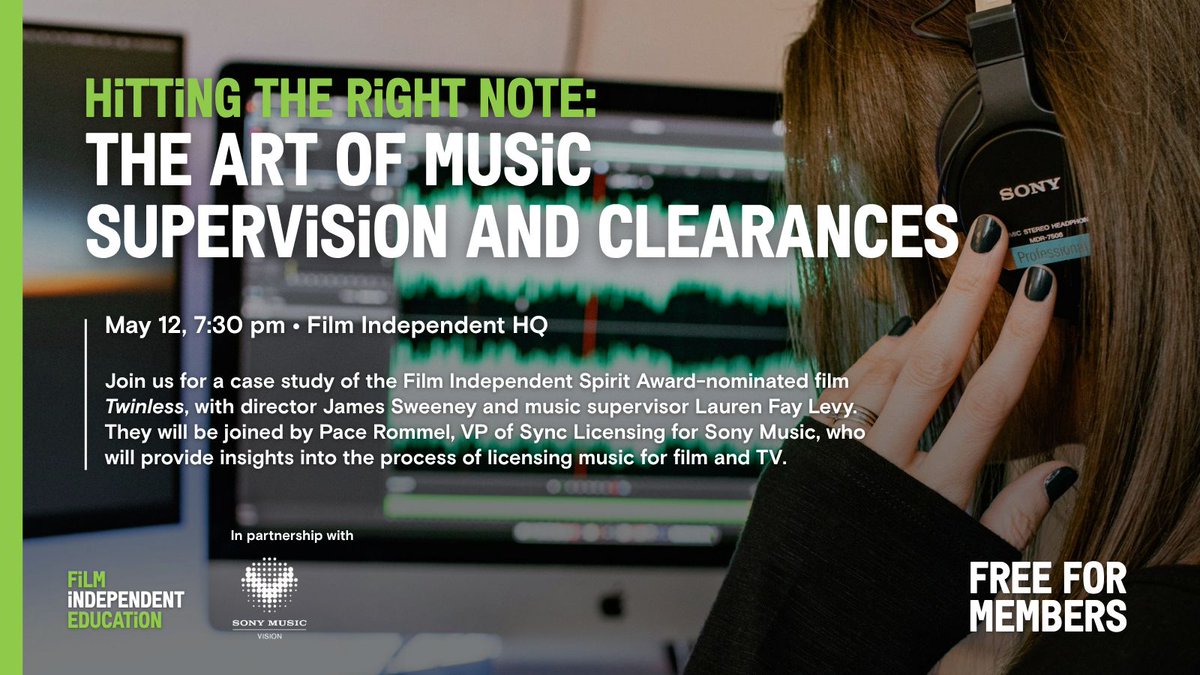 filmindependent's tweet photo. 🎶 Learn the creative and business sides of music licensing through a case study of the 2025 #SpiritAwards nominated film, ‘Twinless’ with director James Sweeney, music supervisor Lauren Fay Levy & Pace Rommel, VP of Sync Licensing for @SonyMusic.
👉 FREE for #FiMembers! Sign up here: https://t.co/6rAoj96lFS
#FilmIndependent
