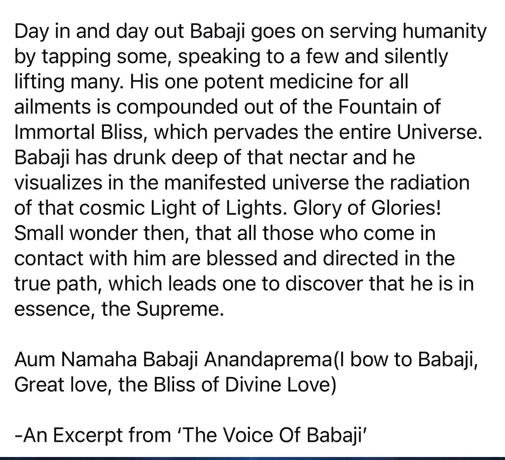 ombabajiom's tweet photo. Day in and day out Babaji goes on serving humanity by tapping some, speaking to a few and silently lifting many. His one potent medicine for all ailments is compounded out of the Fountain of Immortal Bliss, which pervades the entire Universe.
Aum Namaha Babaji Anandaprema! https://t.co/GJFVwTKMqH
