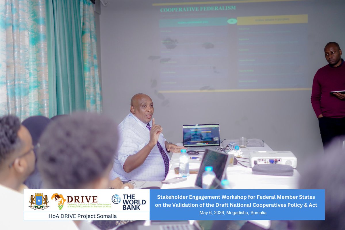 DRIVESOM's tweet photo. The Ministry of Commerce and Industry, supported by #HoADRIVE Somalia, convened Federal Member States to review and validate the draft National Cooperatives Policy and Act, aimed at formalizing the sector, expanding finance and market access, and aligning with regional standards. https://t.co/fD5vF6Lc5x