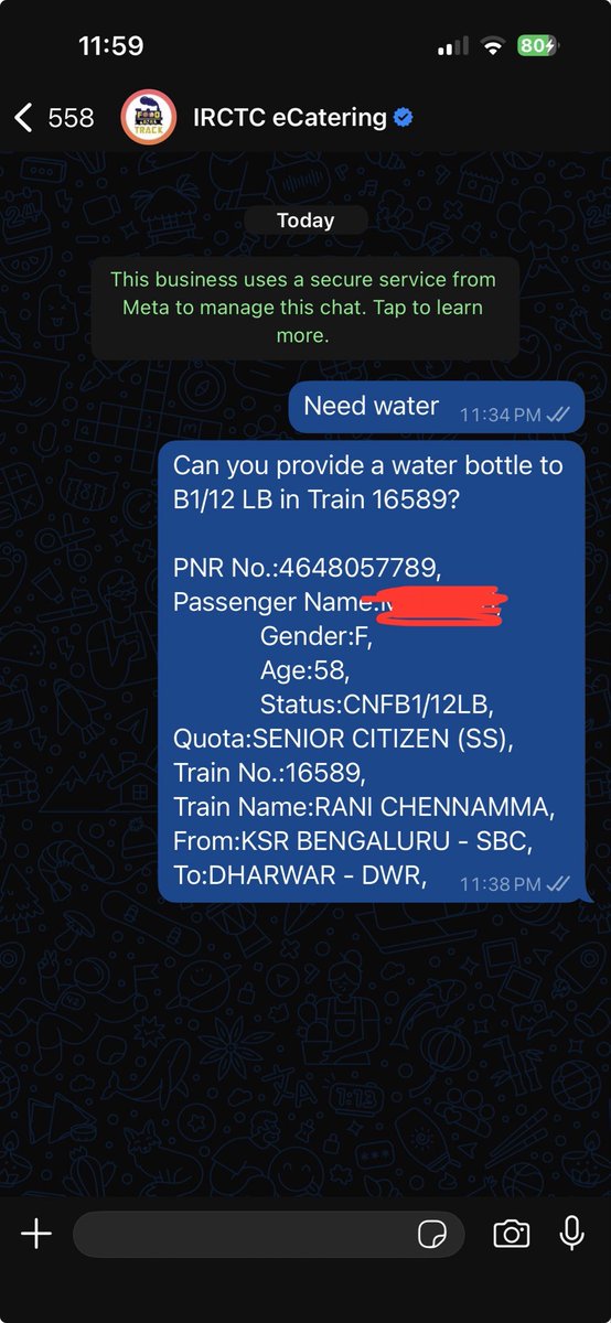 zuckmuk's tweet photo. @indianrailway__ @IRCTCofficial my mother is traveling in the train 16589 CNF B1/12LB, Senior Citizen, PNR: 4648057789 is in need of a water bottle to take medicines. please can you help? https://t.co/MalxPb8MOa
