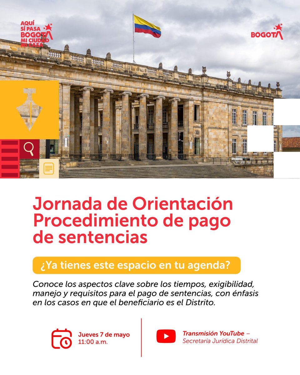 juridicadistri's tweet photo. Este 7 de mayo, acompáñanos en la jornada de orientación sobre el procedimiento de pago de sentencias, donde se revisarán los aspectos clave para su cumplimiento, incluyendo tiempos, exigibilidad y requisitos.

Conéctate a la transmisión en YouTube 👉🏼
https://t.co/tYUOcm2wXl https://t.co/zqlrgBllGp
