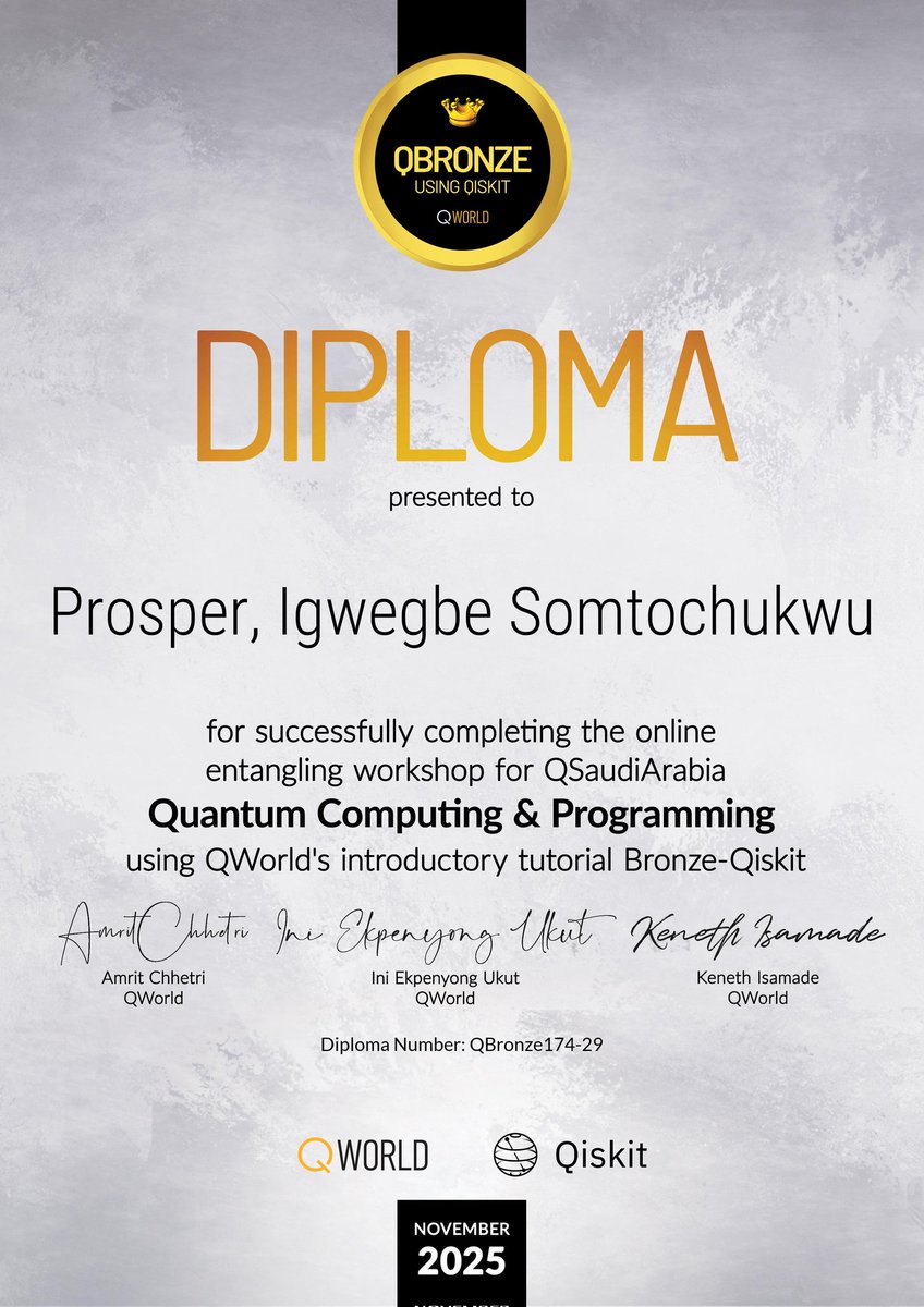 iamspi_'s tweet photo. Successfully completed the QBronze174 workshop organized by QWorld.
learned a lot about quantum algorithms and computation. It’s amazing that they offer these tutorials and mentorship for free. Can’t wait to apply what I’ve learned irl.
@QWorld19 #QWorld #QBronze https://t.co/OP4D2dcFg6