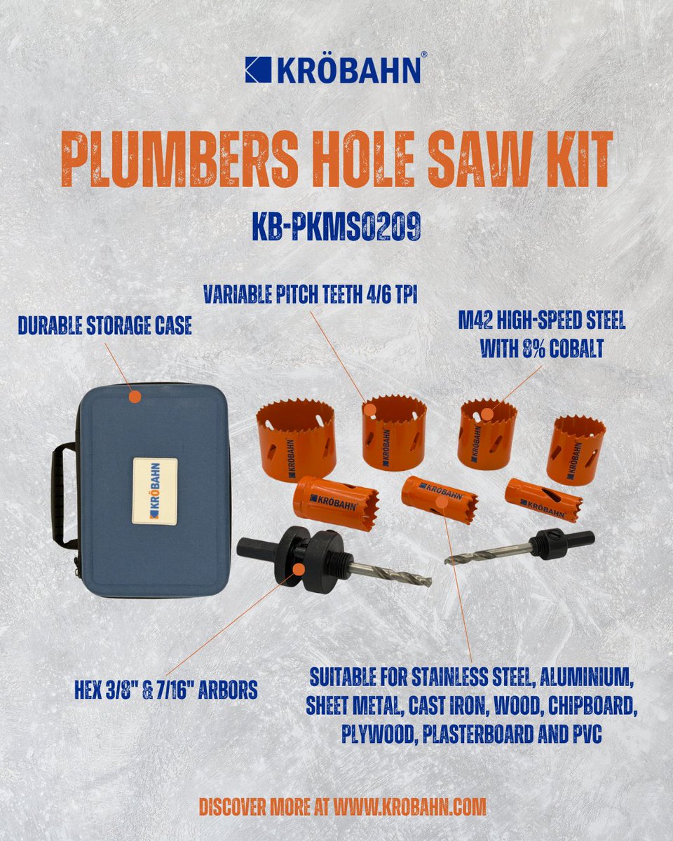 Krobahn's tweet photo. From pipework to general site cuts, the Krobahn Plumbers Hole Saw Kit delivers smooth performance, durable construction, and a full range of sizes in one reliable carry case 🔧 

#Krobahn #TradeTools #HoleSaw https://t.co/CbKcb6te0P