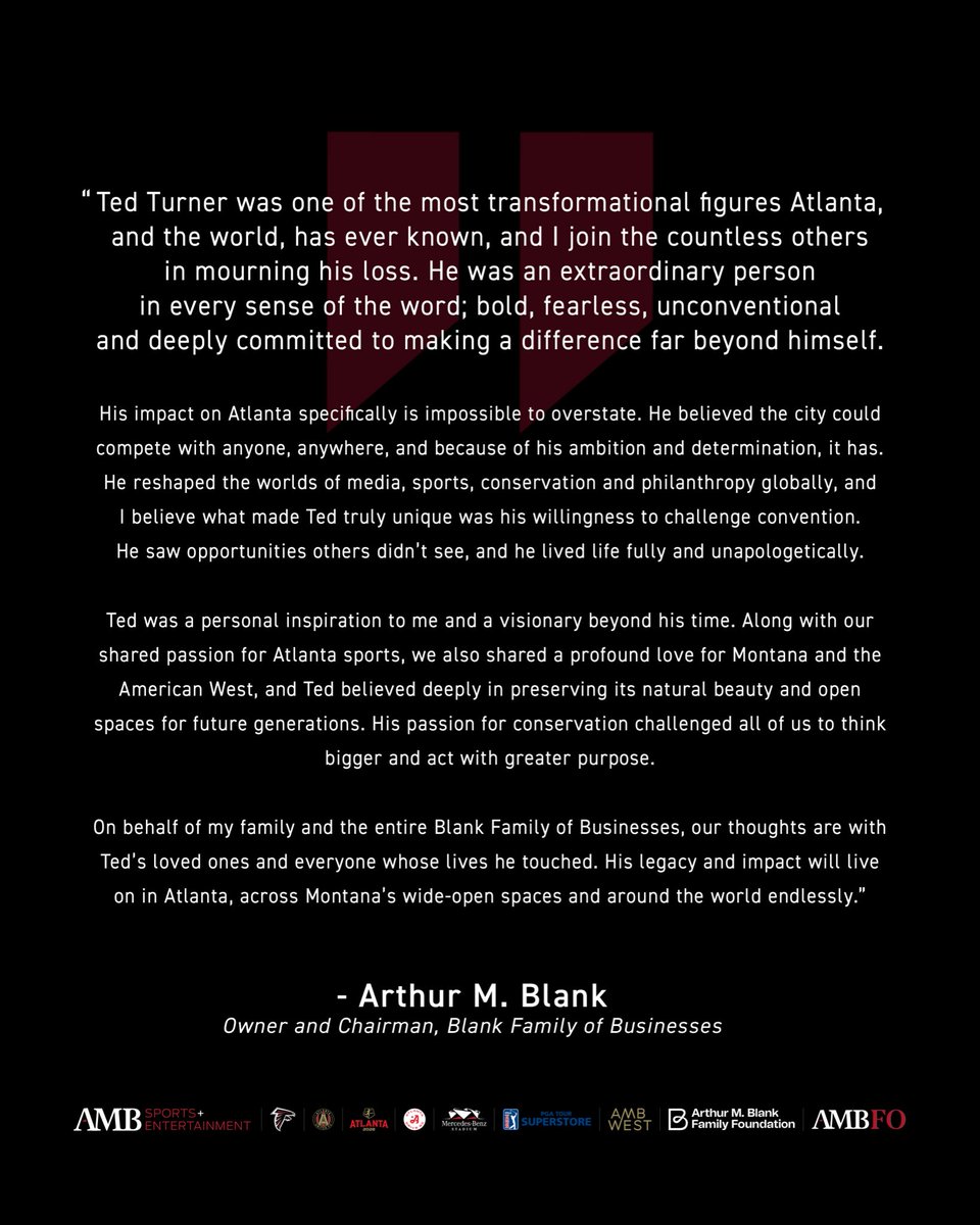 ATLUTD's tweet photo. A statement on the passing of Ted Turner from Arthur M. Blank. https://t.co/uf9YeY1K0K