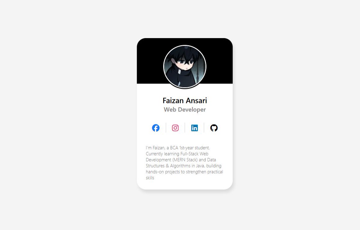 batmanfrommcu's tweet photo. Built a profile card using HTML and CSS.

Practiced:
• Flexbox
• alignment
• spacing
• styling components
• responsive structure

Small project, but every build improves my frontend fundamentals.

#HTML #CSS #MERN #BuildInPublic #LearningInPublic #ProfileCard https://t.co/psCRlguSV4