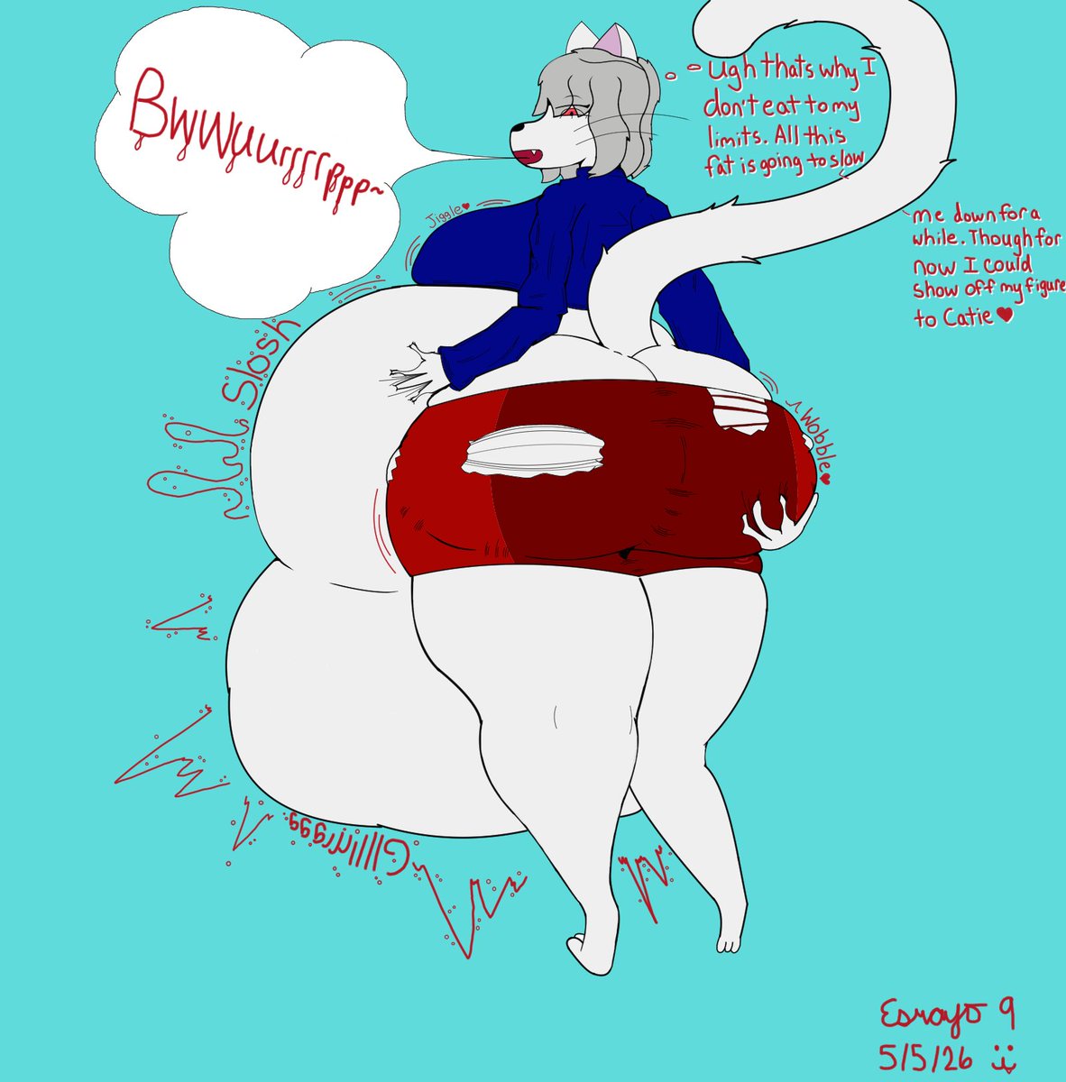 Esrayo9's tweet photo. Final Part- 
CW bone alt for right image.
After several hours of digestion, Piku finds herself a lot bigger in a lot of places. Turning all those people into cat fat left her a lot heavier and her skirt can barely contain her tush now. Not much to do now but enjoy the new heft~ https://t.co/JxA6vJwETm