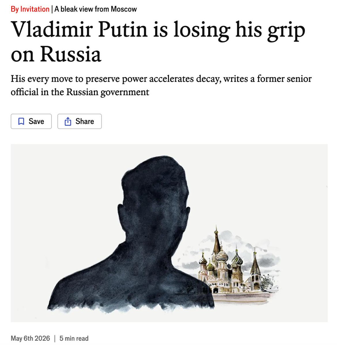 The Economist опубликовал колонку о потере Путиным контроля над Россией

«Каждый его шаг, направленный на сохранение власти, ускоряет её упадок», — говорится в колонке, которую публикует журнал The Economist. Издание не называет имени ее автора, уточняя, что это бывший