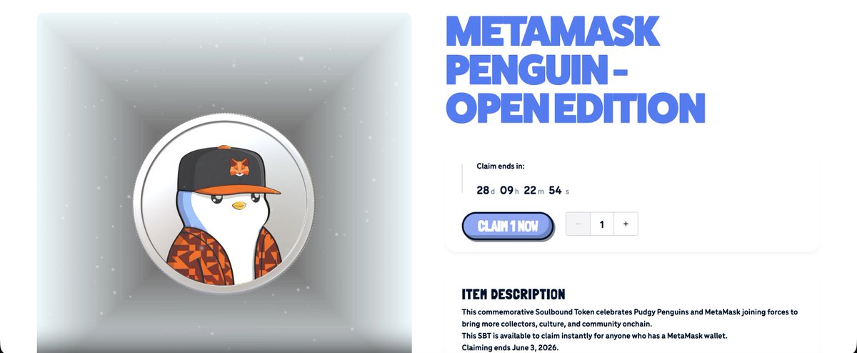 airdropmuhendis's tweet photo. Metamask x Pudgy Penguins SBT NFT'sini claimledim 👀

Linki bırakıyorum: https://t.co/C59RNLnnnn

Claim etmek çok kolay : Sağ üstten “Connect Wallet” diyerek Metamask’ı bağlıyorsunuz. Sonra en üstteki “Claim Now” butonuna basıp mintleyebilirsiniz. Küçük bir fee var, yaklaşık 1$ kesiyor.