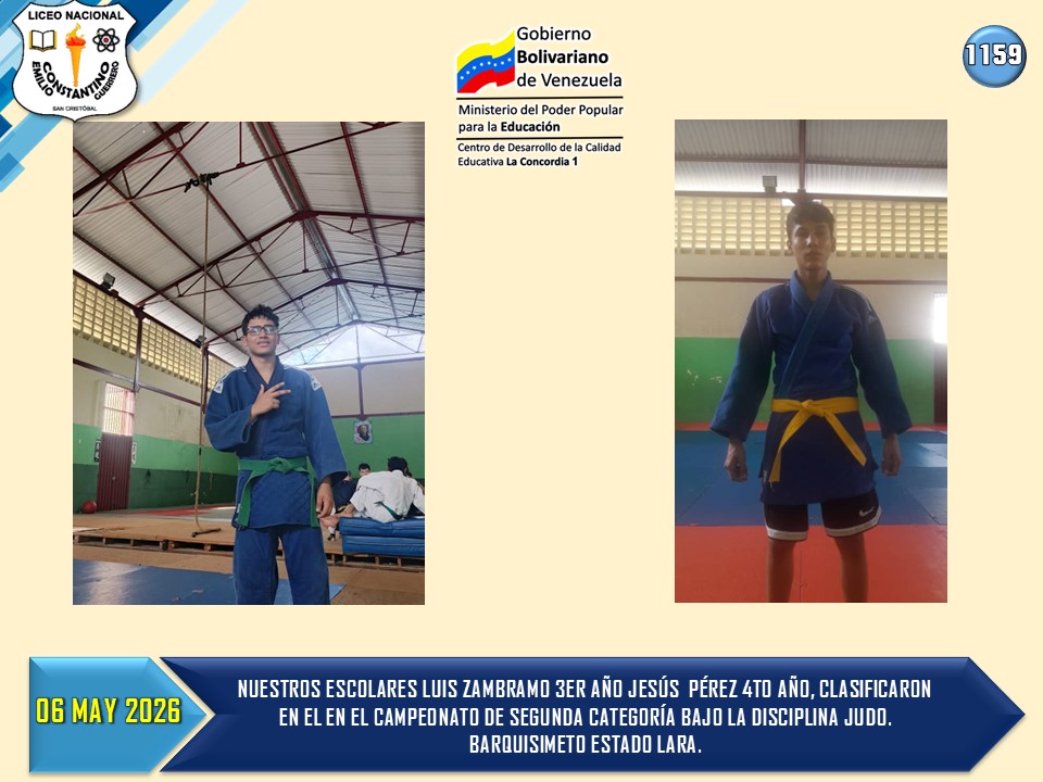 06 MAYO 2026 - NUESTROS ESCOLARES LUIS ZAMBRAMO 3ER AÑO JESÚS  PÉREZ 4TO AÑO, CLASIFICARON EN EL EN EL CAMPEONATO DE SEGUNDA CATEGORÍA BAJO LA DISCIPLINA JUDO. BARQUISIMETO ESTADO LARA. <a href="/Berzabethg1/">Berzabethgandicaoficial</a> <a href="/CDCETachira/">CDCE Táchira</a>