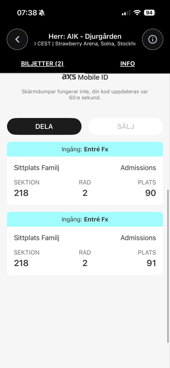 Moberg791's tweet photo. @AIKBiljett 
2 biljetter till Derbyt , bra platser med andra rad på etage 2 direkt ovanför Norra stå 
300:- per st https://t.co/wFgXwaZxcY