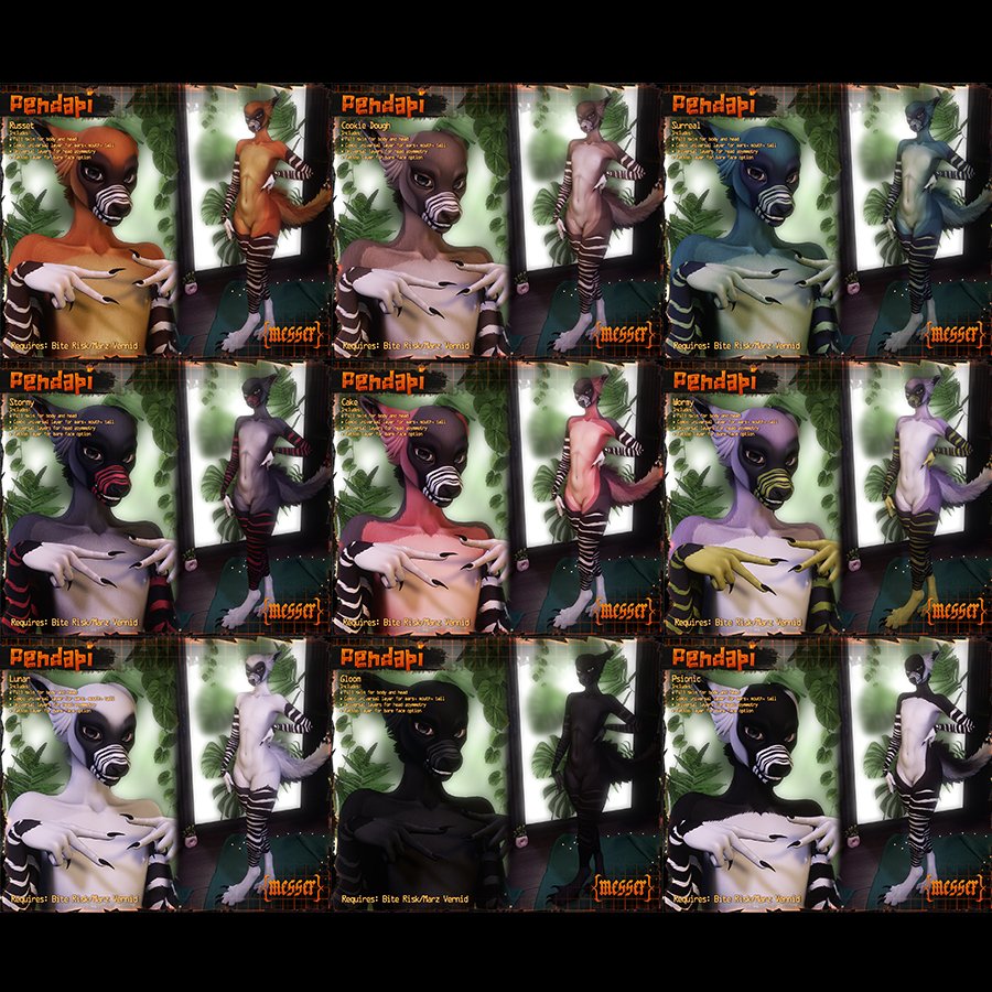 MesserKatze's tweet photo. Abnormality opens on the 7th! Are you excited?
Here are some of my Pendapi mod series you can grab when it opens!
Muzzle stripes not your thing? No problem - I've provided an option without them :3 https://t.co/SMFJapdwQa