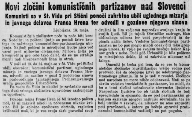 13. maja 1942 so partizani v Šentvidu/Stični izvedli operacijo 'Matildina noč ': umorili so 6 slv. civilov.