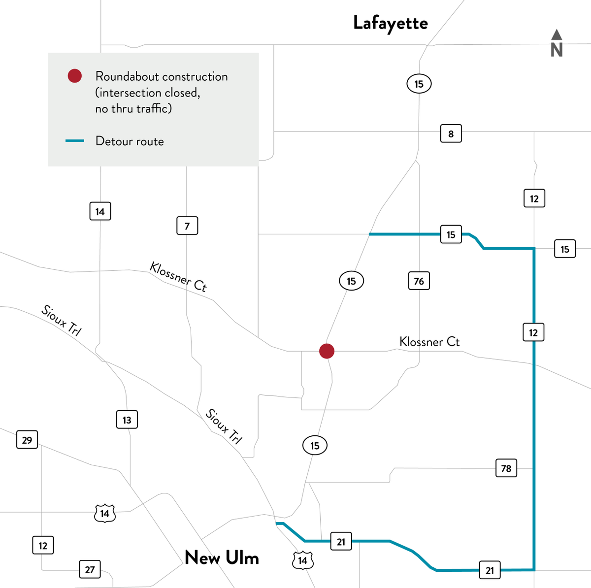 mndotscentral's tweet photo. Construction of a single‑lane roundabout at Hwy 15 &amp; Fort Road in Klossner starts May 18 until late July. Through traffic will be detoured. MnDOT will also build a roundabout at Hwy 111 &amp; Nicollet Co. Rd 5 N of Nicollet once the Klossner project wraps up. https://t.co/JLD2cYXAod https://t.co/f16RRQDHq3