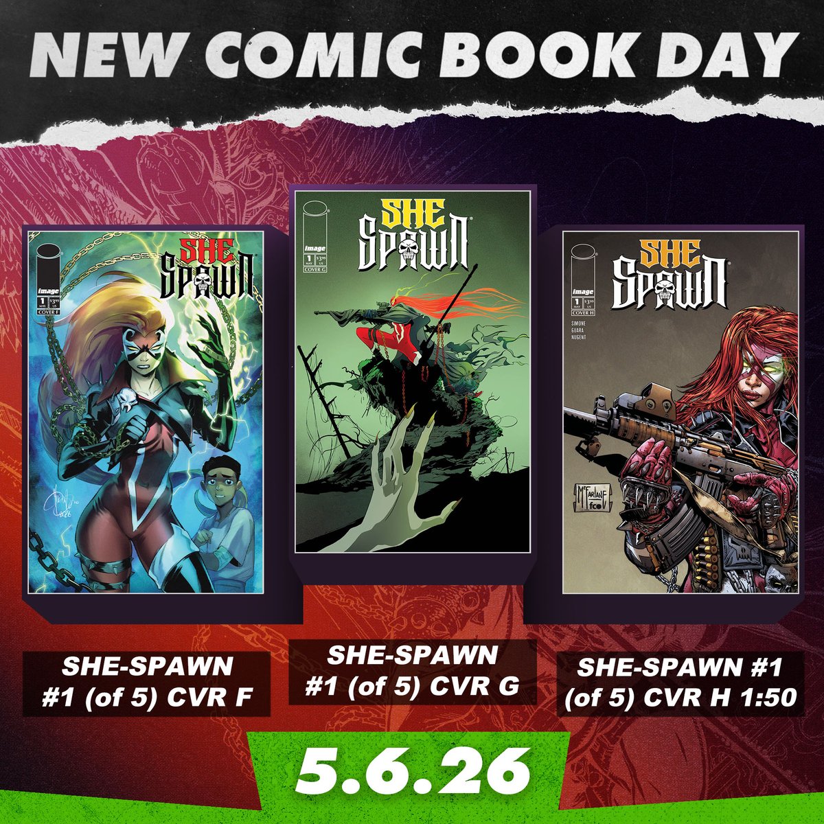 McFarlaneComics's tweet photo. It's NEW COMIC BOOK DAY! 💥
Head out to your LCS and check out SHE-SPAWN #1 and BLOODLETTER TP today!

#NCBD #comics #mcfarlanecomics #comicart @ImageComics @Todd_McFarlane https://t.co/RTJeF1GjU2
