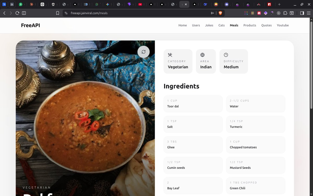 jainviral_'s tweet photo. Completed 7/8 FreeAPI projects
Projects completed:
Users, Jokes, Cats, Meals, Products, Quotes, Youtube
Live:
https://t.co/vAPEaoKMdJ
GitHub:
https://t.co/FE1Kkbqxny
#react #tailwindcss #javascript #frontend #webdevelopment #vite #freeapi https://t.co/sTDvDJr2pg