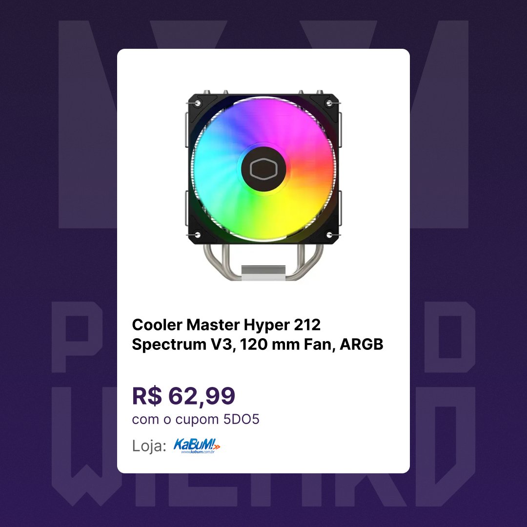 pcbuildwizard's tweet photo. Cooler Master Hyper 212 Spectrum V3, 120 mm Fan, ARGB

R$ 69,99 (R$ 62,99 com o cupom 5DO5)
Avaliação: ⭐⭐⭐⭐⭐ 🥈

Loja: KaBuM!
https://t.co/3FEpRjpk9x
Menor preço em 90 dias: R$ 69,99
Mediana dos preços de 90 dias: R$ 79,99 https://t.co/wdaRQIvNy5
