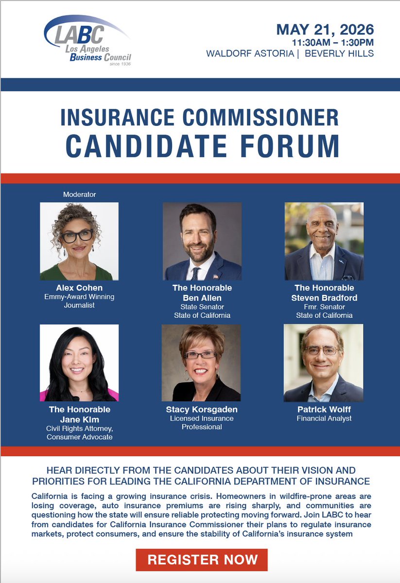 Clean_Coalition's tweet photo. Clean Coalition is a proud cooperating org for @labctweets' Insurance Commissioner Candidate Forum. Hear from candidates on protecting consumers &amp; stabilizing California's insurance markets.

May 21, 2026 | 11:30AM–1:30PM 📍 Waldorf Astoria, Beverly Hills https://t.co/iUlFMnENxs https://t.co/kcS33RBES2