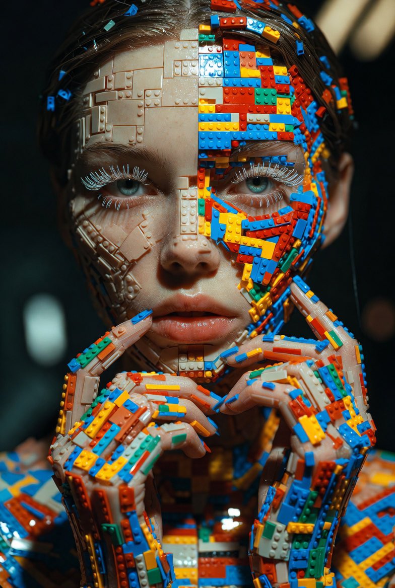 FractalSolitude's tweet photo. Built from fragments.  
Held together by imagination. 🧩✨

Some people are born human.  
Others assemble themselves piece by piece.

#AIArt #SurrealArt #DigitalArt #ConceptArt #FutureArt #LegoArt #CyberArt #PortraitArt #AIGenerated #ArtOfTheDay https://t.co/0vI0VgkeH6