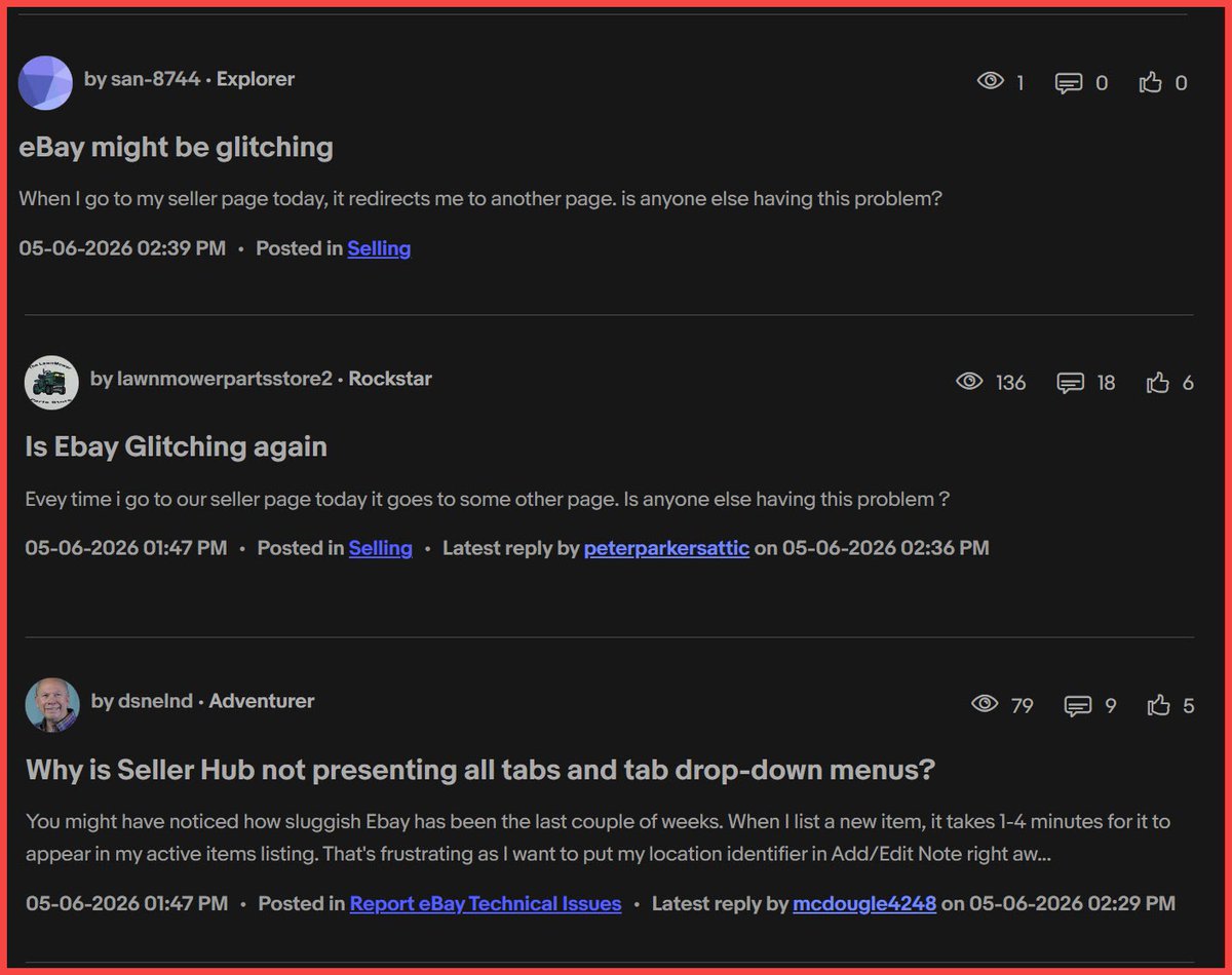 ValueAddedRS's tweet photo. eBay Down Detector, eBay community forum &amp; eBay system status page - one of these things is not like the other.🙃 https://t.co/dU7W0x9qwu