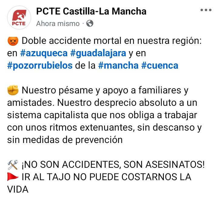 ClmPcte's tweet photo. Doble accidente mortal en nuestra región: en #azuqueca #guadalajara y en #pozorrubielos de la #mancha #cuenca
Nuestro pésame a familiares y amistades. Nuestro desprecio al sistema capitalista que nos obliga a trabajar a un ritmo extenuante
IR AL TAJO NO PUEDE COSTARNOS LA VIDA https://t.co/RlqakD4zTE