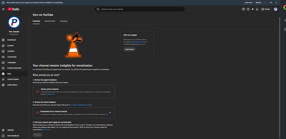 RedMoka5's tweet photo. YouTube demonetized my channels for “related channel” with no clear explanation.

These channels weren’t made to bypass anything, but my appeal was rejected and I still don’t know what caused it.

I’m losing income I rely on

@TeamYouTube please manually review this. https://t.co/VzDqLOTlLO