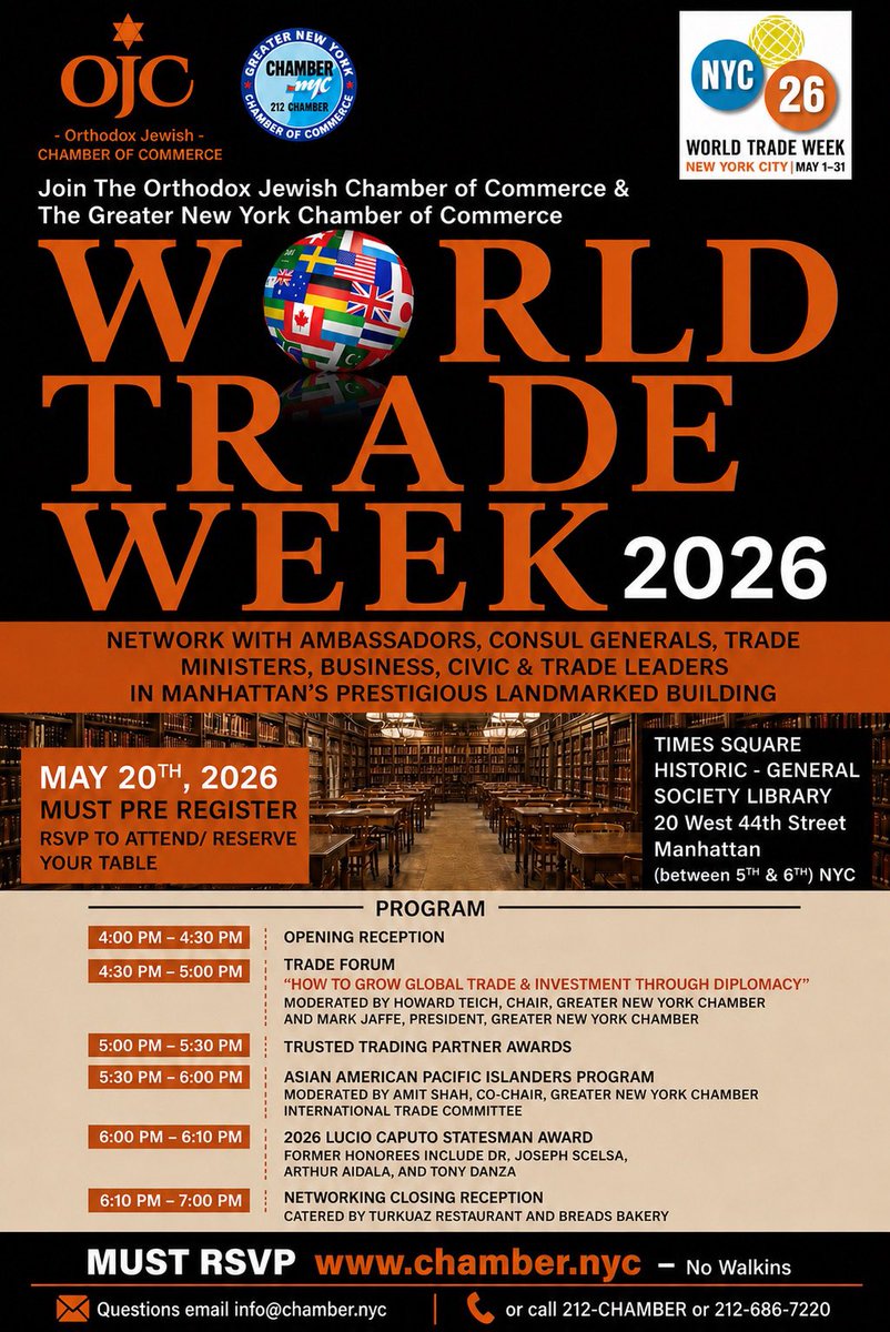 ojchamber's tweet photo. Join us at #WorldTradeWeekNYC 2026 on May 20 in Times Square alongside ambassadors, consul generals, trade ministers, business and civic leaders for an evening focused on global trade, diplomacy, investment &amp; networking.

RSVP: https://t.co/372iwBhLrH https://t.co/T1geRaeSmj