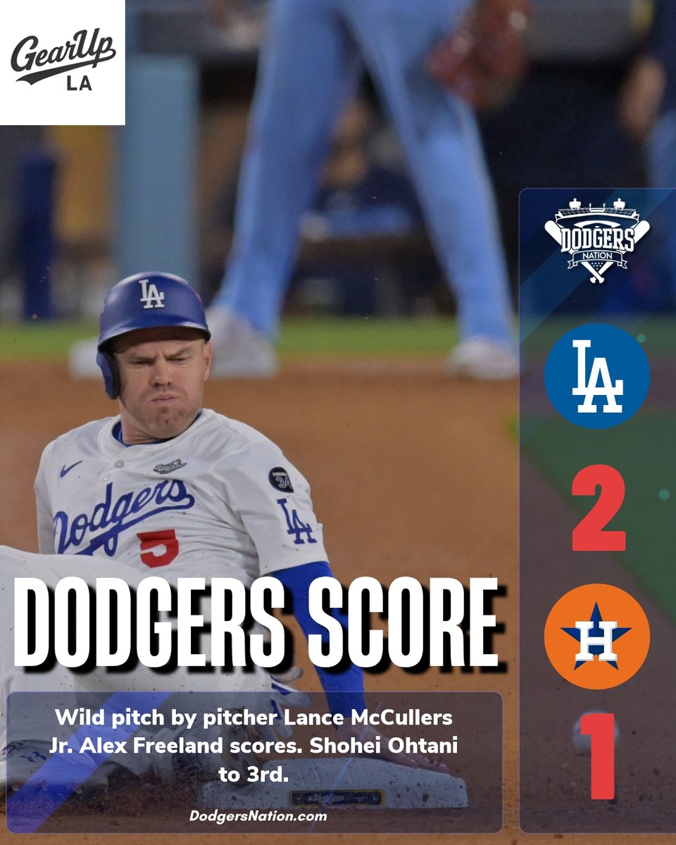DodgersNation's tweet image. Lance McCullers Jr. uncorks a wild pitch, allowing Alex Freeland to score and Shohei Ohtani to advance to third. The Dodgers lead the Astros 2-1.
