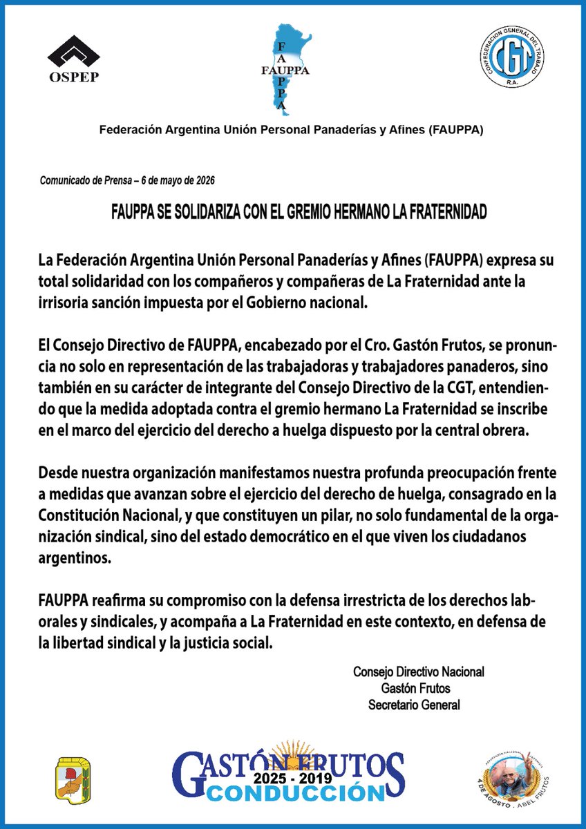 FauppaPanaderos's tweet photo. 🛡️🚆🥖 @FauppaPanaderos acompaña y se solidariza con nuestro gremio hermano La @FraternidadArg https://t.co/7MwqFxY5xz