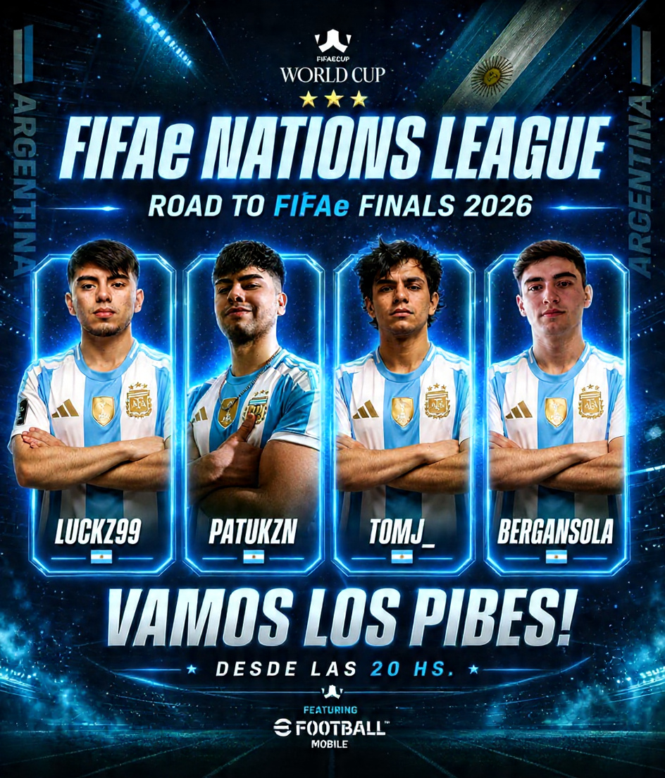 AfaEsports's tweet photo. ¡COMIENZA EL SUEÑO MUNDIALISTA! 🎮
Hoy arranca el camino de la Selección Argentina de eFootball Mobile hacia la FIFAe World Cup 2026. 
¡Los pibes ya están listos para defender los colores en la FIFAe Nations League! 🇦🇷
📅 Miércoles y Jueves desde las 20
👉 https://t.co/Nm4JljA9fg https://t.co/C2AWAGly7E