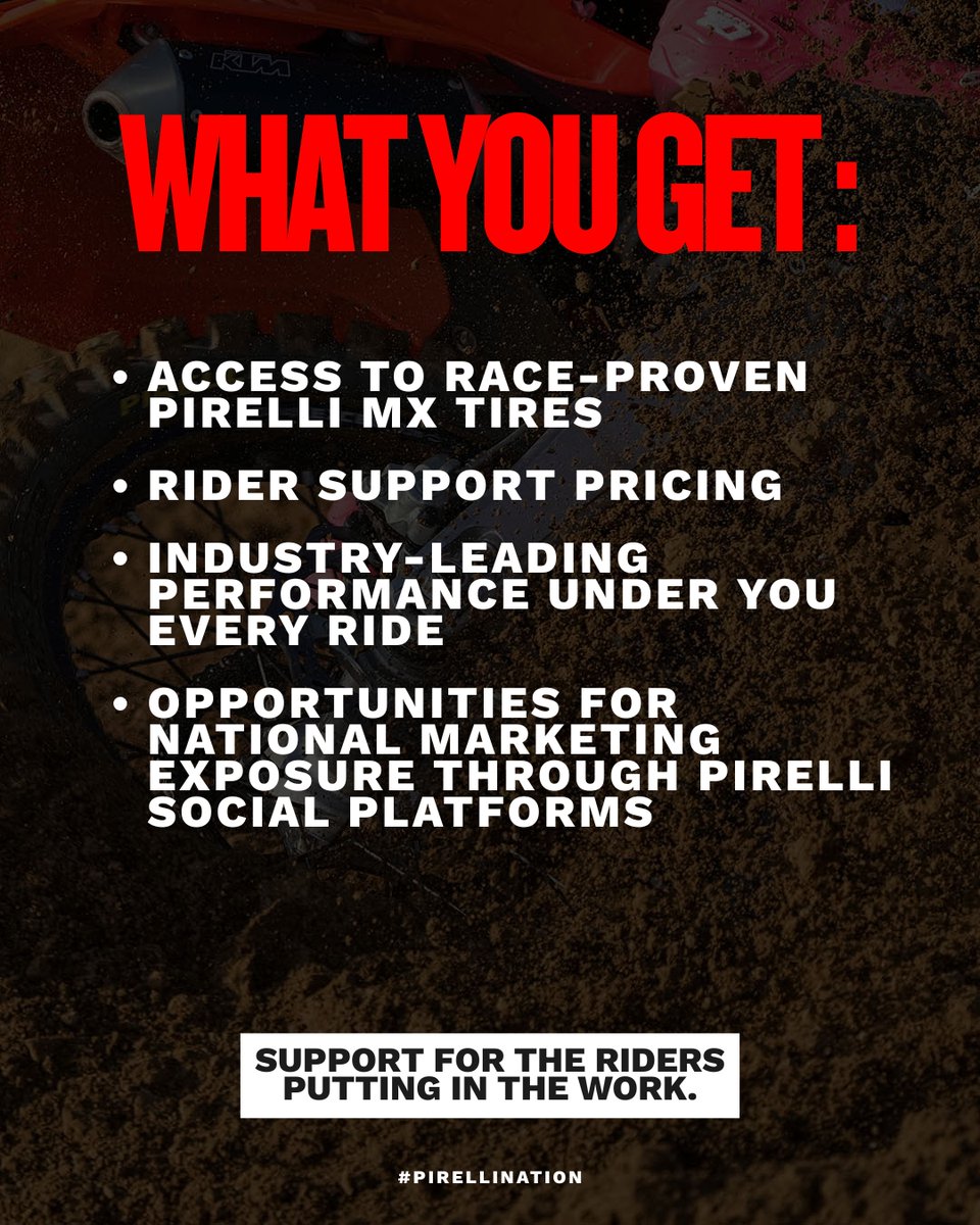 PirelliMX's tweet photo. #PirelliNation 👊

Built for the riders putting in the work every weekend — from local tracks to regional race programs.

Apply now by sending your racing resume to ridersupport@dominuscorp.com

#PirelliMX #PirelliNation #Motocross #Off-Road https://t.co/TWzbYXxPP9