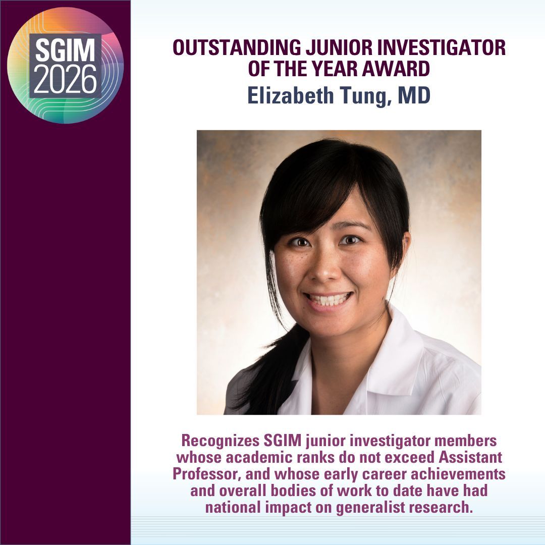 SocietyGIM's tweet photo. 🎉 Congratulations to our #SGIM26 Award Winner! 🎉

Please join us in celebrating Elizabeth Tung, MD, recipient of the Outstanding Junior Investigator of the Year Award. Her outstanding work exemplifies excellence in general internal medicine.

👏 Help us congratulate Elizabeth in the comments!

#SGIM26 #AwardWinner #AcademicMedicine #InternalMedicine