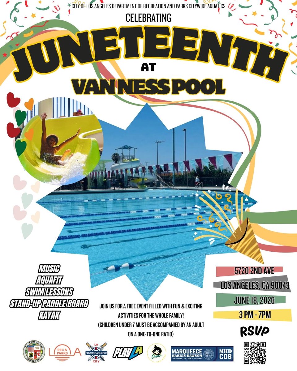 LACityParks's tweet photo. The Van Ness Recreation Center is hosting their annual Juneteenth celebration! 🎉 On June 18th, you can join the fun with music, games, activities, and a splashing good time! 🏊 Van Ness RC | 3 PM - 7 PM | FREE

#Juneteenth #EverythingUnderTheSun #ParkProudLA #LACityParks https://t.co/26tJXVGFL8